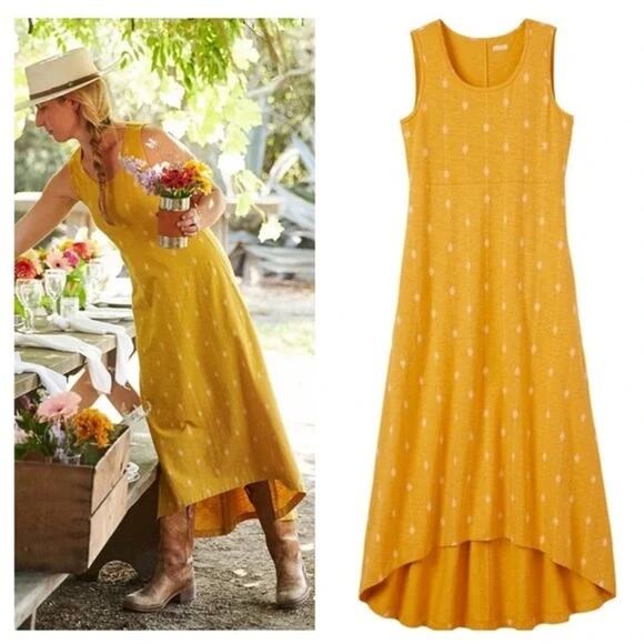 Duluth To 'n' Flow Mustard Yellow Print Sleeveless Hi Low Comfort Maxi Dress - Picture 1 of 9